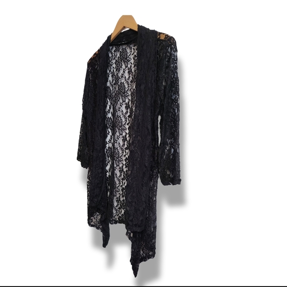 🌿Double Take Black Sheer Lace Cardigan Open Front 3/4 Sleeve Med/Lg Like New - Picture 4 of 12